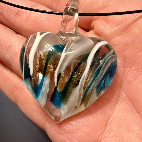 Unique Artisan Glass Heart-Shaped Blue White & Gold Pendant - Picture 5 of 8